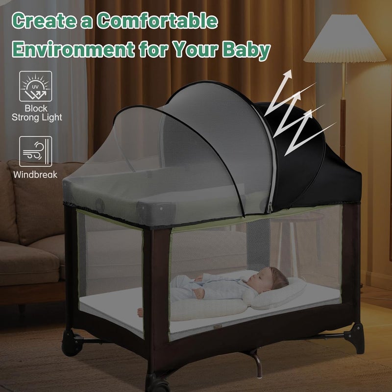 WANRU Pack N Play Tent Cover & Bassinet Canopy - Half-Blackout Breathable Mosquito Net with 2-Way Zipper for Bassinet, Travel Crib, Mini Crib & Playpen to Keep Cats Out (Black-Large) - Image 3